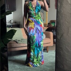 Y2K Women’s Tropical Halter Maxi Dress w/ Gold Chain Detail – Size S/M